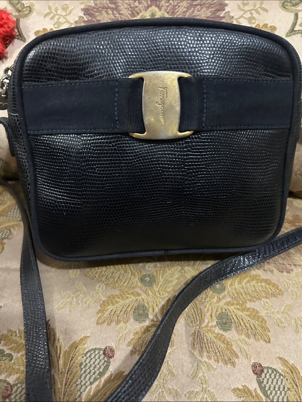 Salvatore Ferragamo vinBlack Lizard-Embossed Leather Crossbody with Gold Buckle - Picture 2 of 12